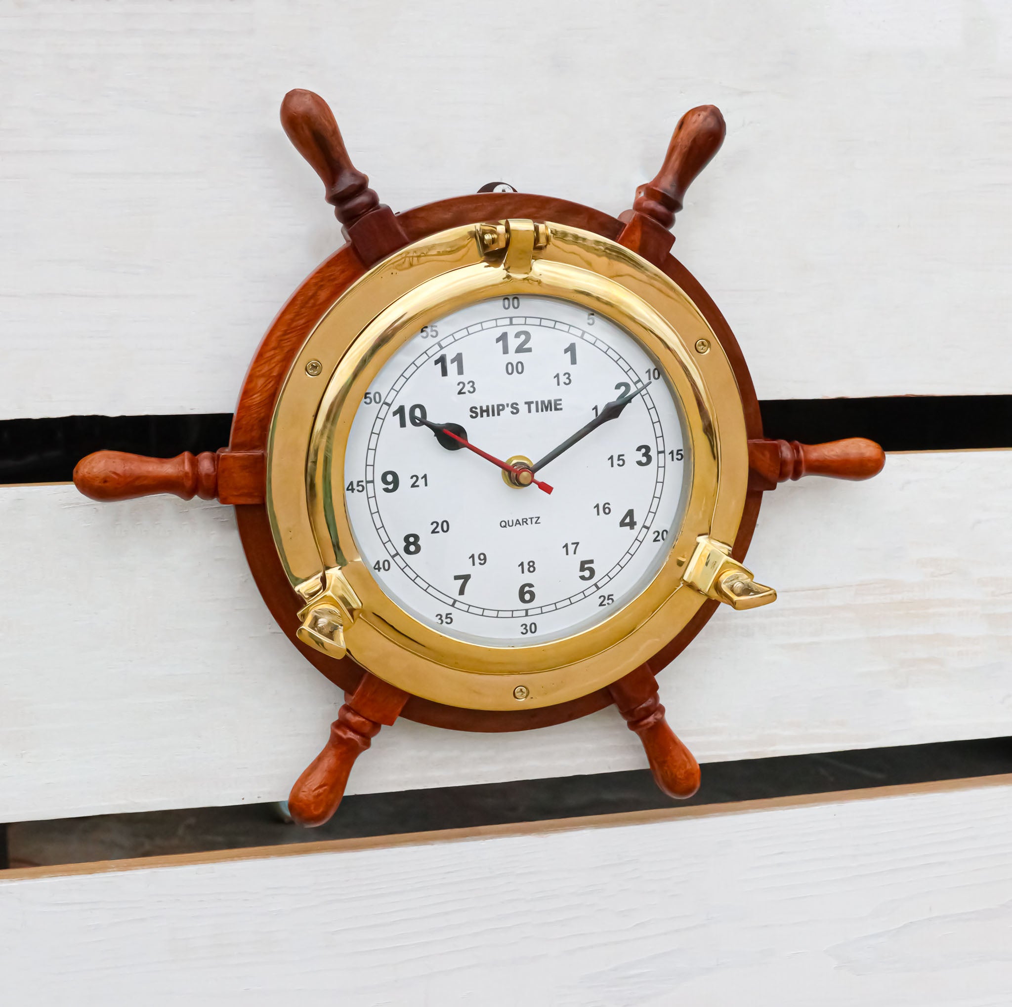 Nautical Vintage Wood and Brass 6 Spokes Ship Steering Helm Wheel