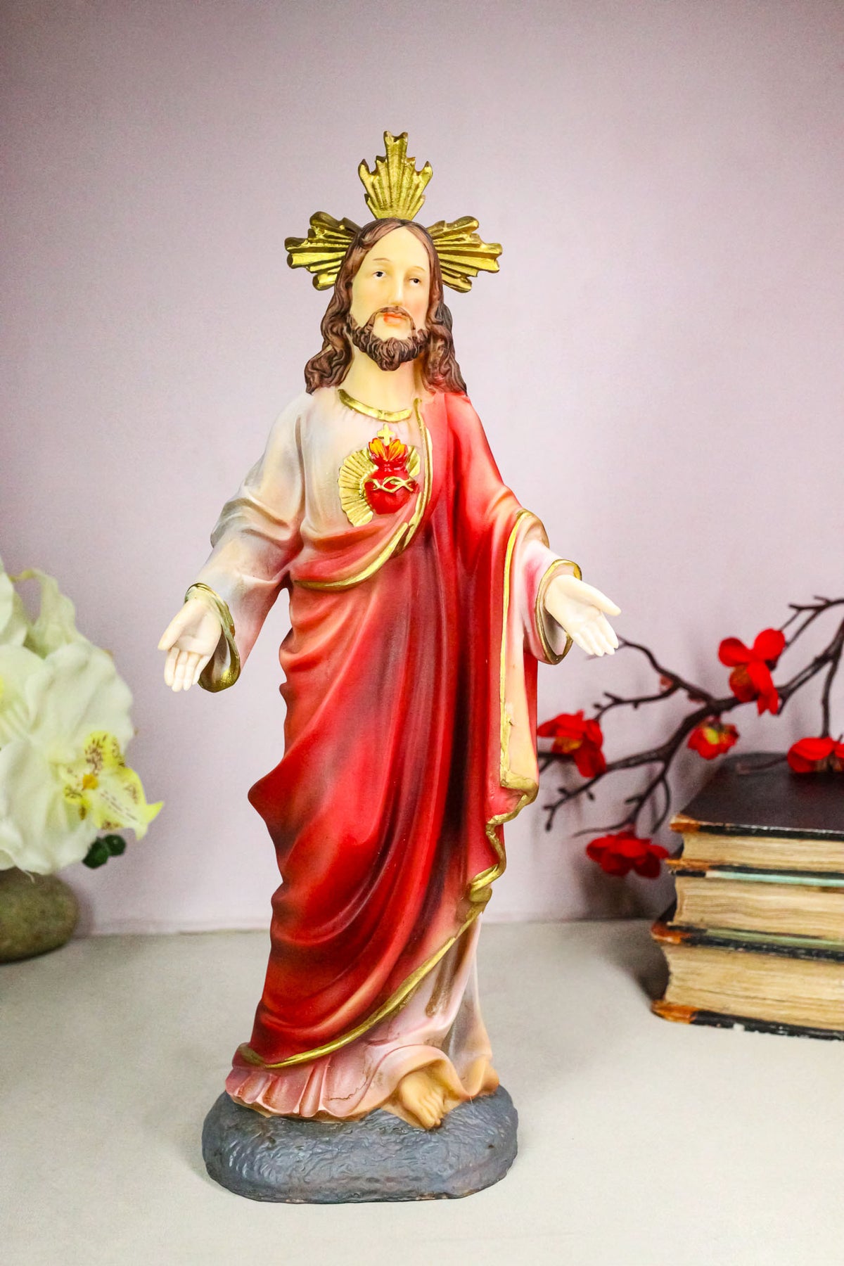 Catholic Sacred Heart of Jesus with Gold Crucifix Cross Medal Figurine 12"H - Ebros Gift