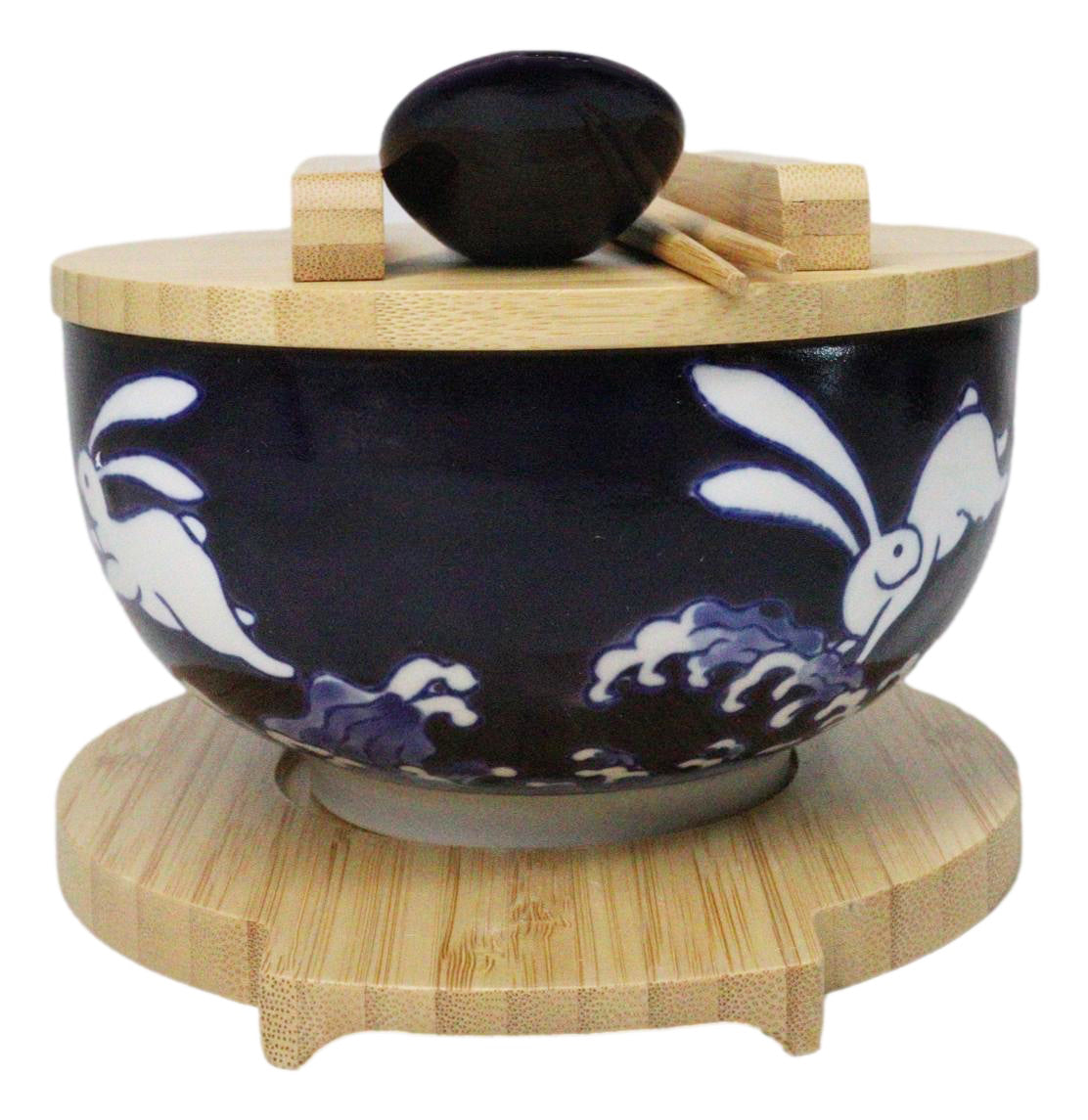 Yellow Moon White Rabbit Donburi Ramen Bowl With Lid Trivet Spoon Chopsticks Set