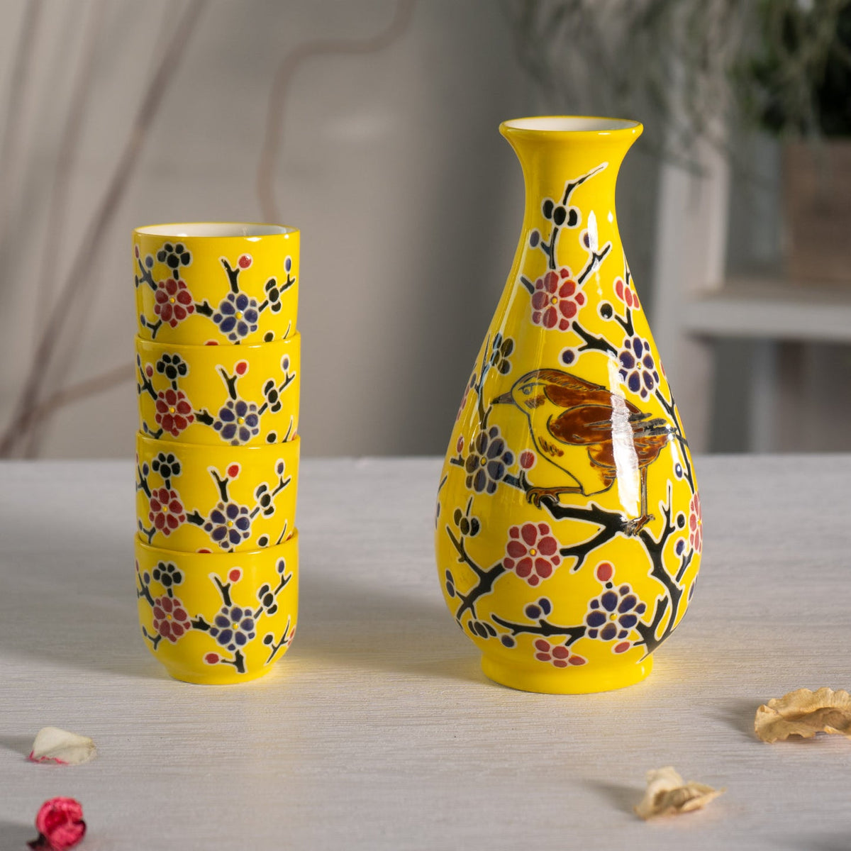 Yellow Bird On Flower Tree Porcelain Sake Carafe Flask And 4 Ochoko Cups Set