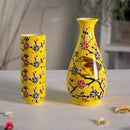 Yellow Bird On Flower Tree Porcelain Sake Carafe Flask And 4 Ochoko Cups Set