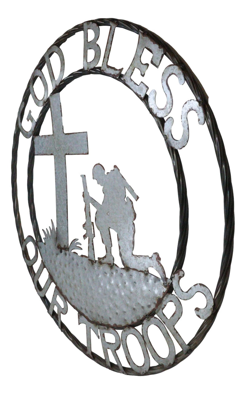 Large 24"D Rustic Western God Bless Our Troops Sign Metal Circle Wall Decor