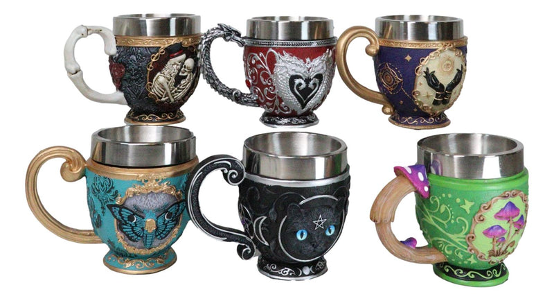 Set Of 6 Colorful Cameo Tarot Moth Skeletons Dragons Cat Magic Tea Cup Mugs