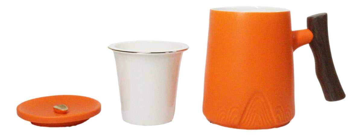 Orange 15 Oz Chic Porcelain Tea Mug with Wooden Handle, Lid and Infuser