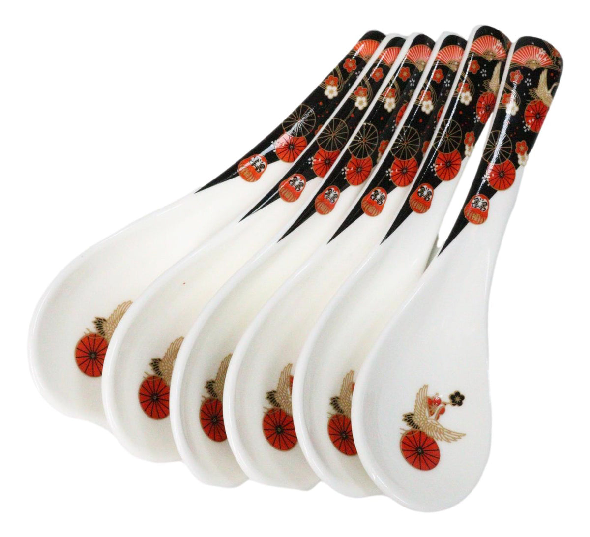 Set of 6 Japanese Crane Porcelain Asian Soup Spoons Japanese Ramen Pho Wonton