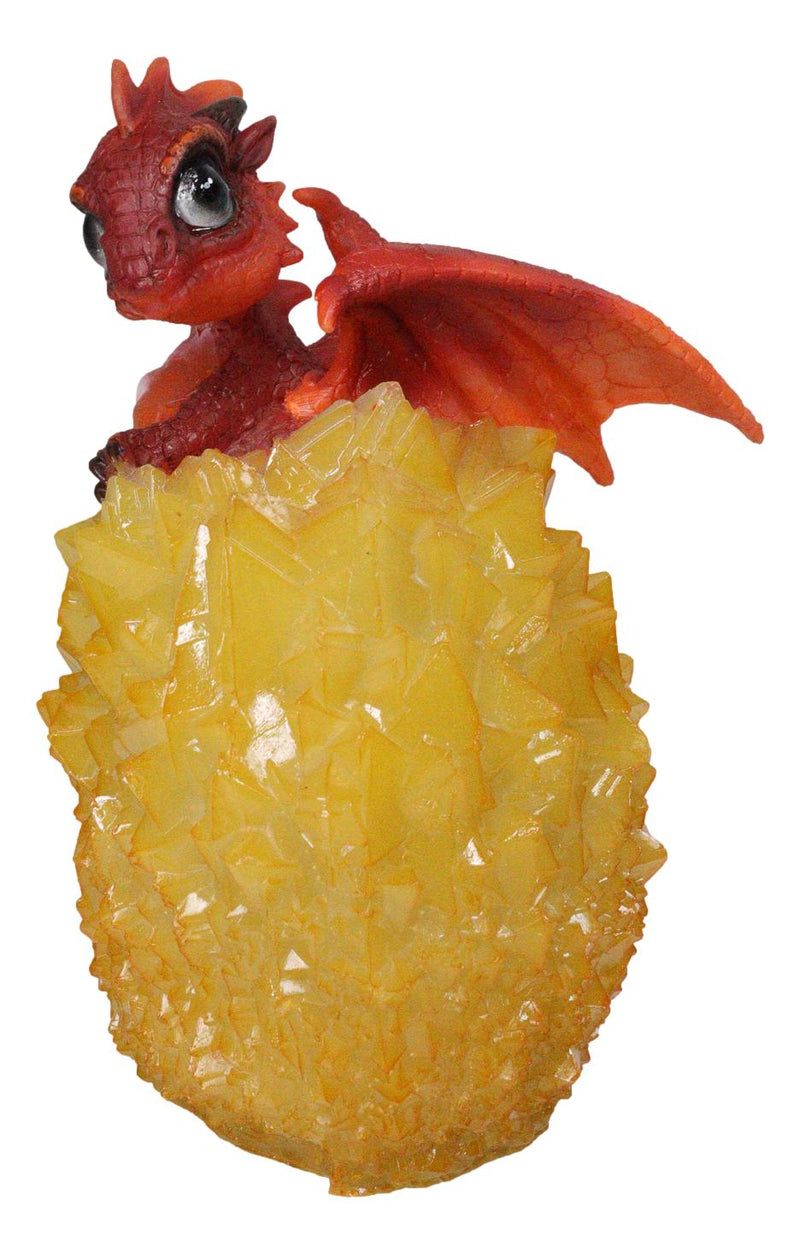 Whimsical Cute Red Baby Dragon Hatchling in Crystal Icicle Golden Egg Figurine