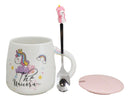 White Whimsical Crowned Unicorn Rainbow Shooting Star Mug With Spoon And Lid