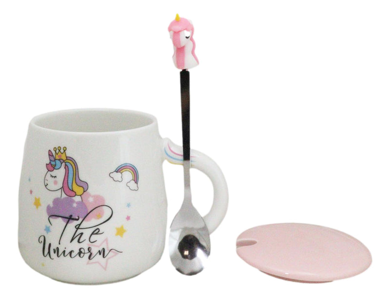 White Whimsical Crowned Unicorn Rainbow Shooting Star Mug With Spoon And Lid