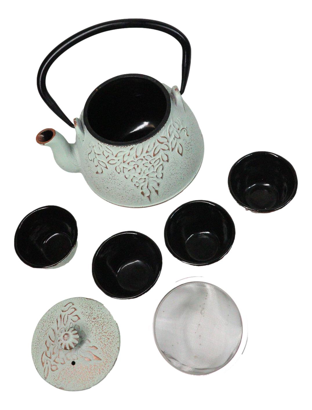 Mint Green Leaves Floral Motif Tetsubin 27oz Cast Iron Tea Pot With 4 Cups Set
