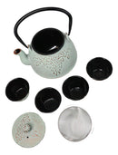 Mint Green Leaves Floral Motif Tetsubin 27oz Cast Iron Tea Pot With 4 Cups Set