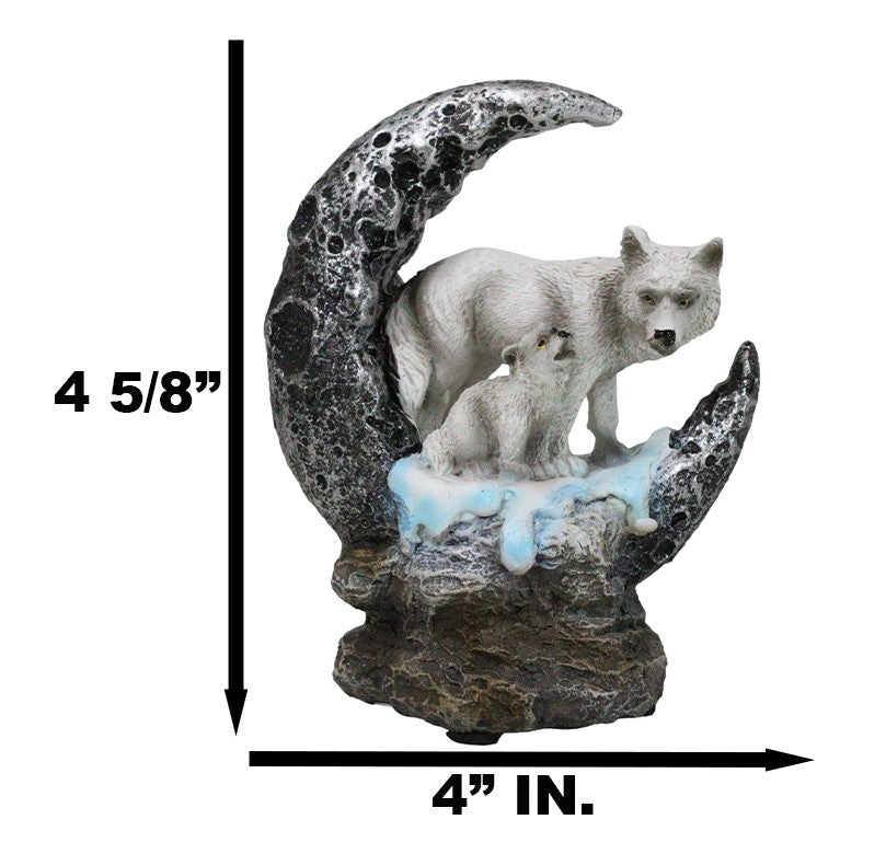 Winter Snow White Wolf With Pup Cub By Snowy Crater Crescent Moon Figurine