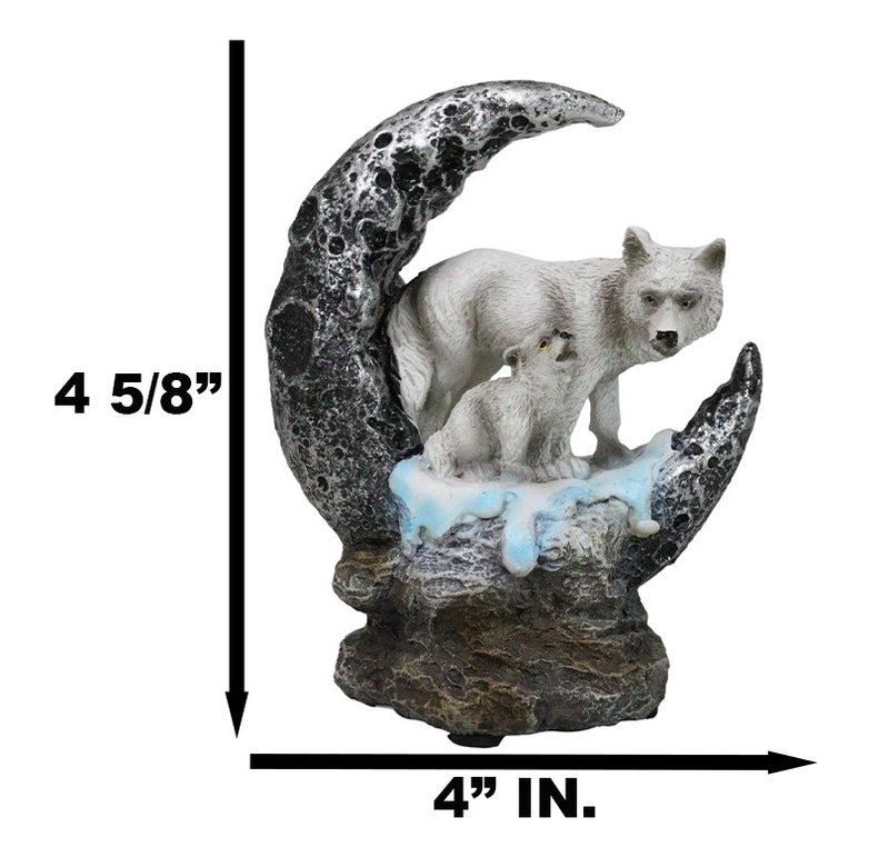 Winter Snow White Wolf With Pup Cub By Snowy Crater Crescent Moon Figurine