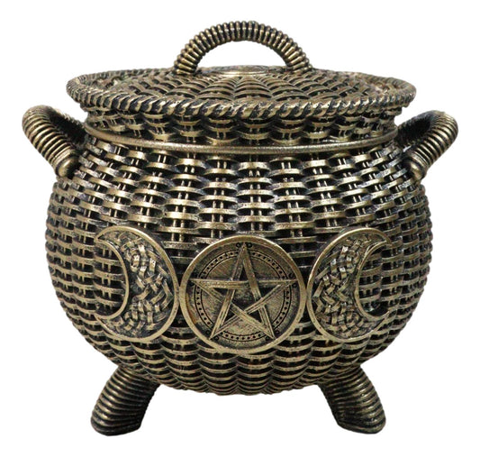 Wiccan Triple Moon Cauldron Pot In Wicker Finish Decorative Trinket Crystals Box - Ebros Gift
