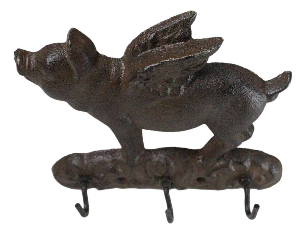 Cast Iron Whimsical Flying Pig Angel 3-Peg Wall Hook Decorative Sculpture - Ebros Gift