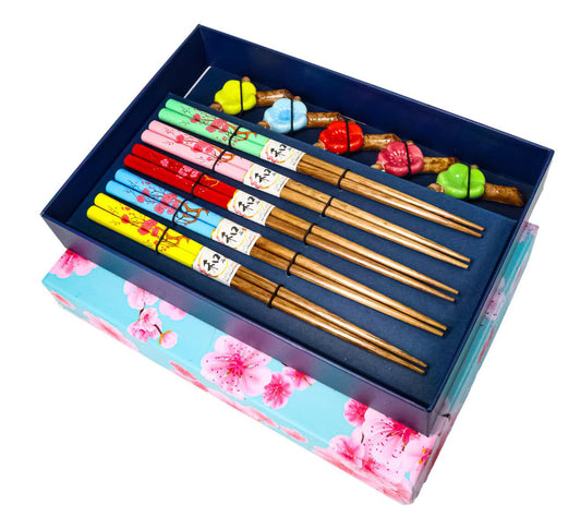 5 Pairs Of Ume Plum Blossoms On Branch Ceramic Rests With Wooden Chopsticks Set
