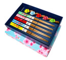 5 Pairs Of Ume Plum Blossoms On Branch Ceramic Rests With Wooden Chopsticks Set