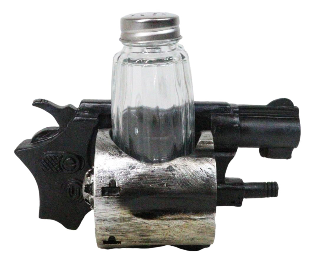 Old World Western Pistol Gun With Giant Barrels Salt Pepper Shakers Holder Set