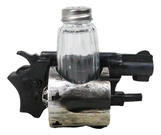 Old World Western Pistol Gun With Giant Barrels Salt Pepper Shakers Holder Set