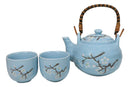 Blue Japanese Sakura Cherry Blossom Ceramic Tea Pot And 2 Cups Set Bamboo Handle
