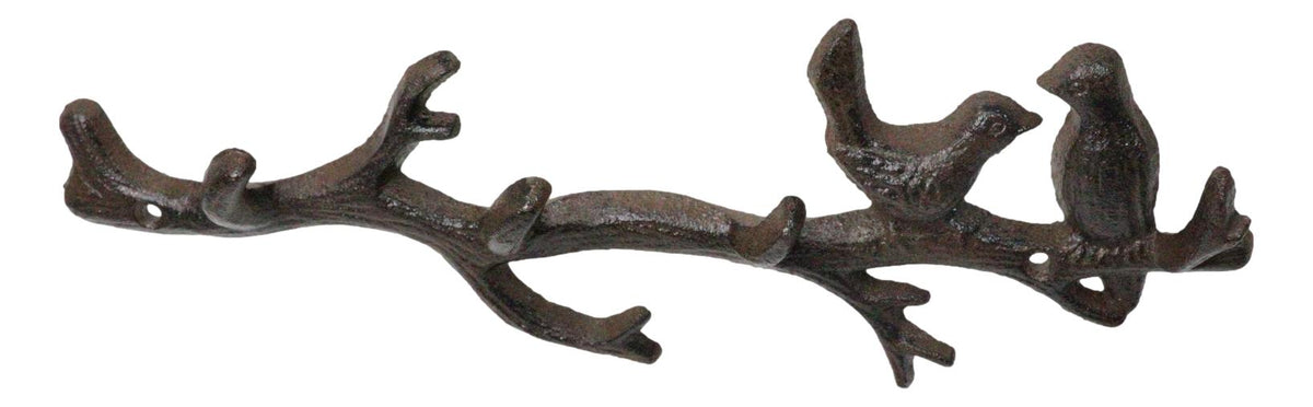 Rustic Cast Iron 2 Lovebirds On Tree Branch Multi Points Wall Hooks 12.5" Long