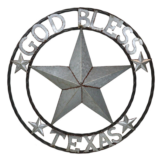 Large 24"D Rustic Western Star God Bless Texas Galvanized Metal Wall Circle Sign
