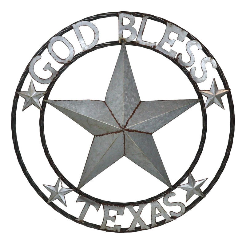 Large 24"D Rustic Western Star God Bless Texas Galvanized Metal Wall Circle Sign