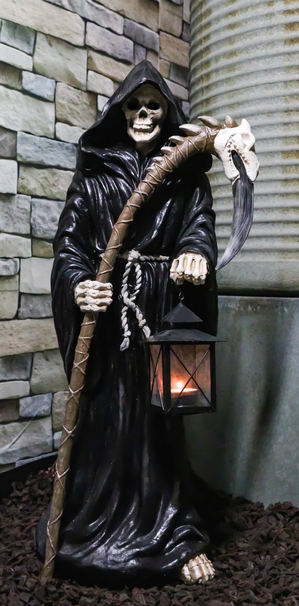 Time Waits For No Man Grim Reaper Holding Scythe And Solar LED Lantern Statue - Ebros Gift