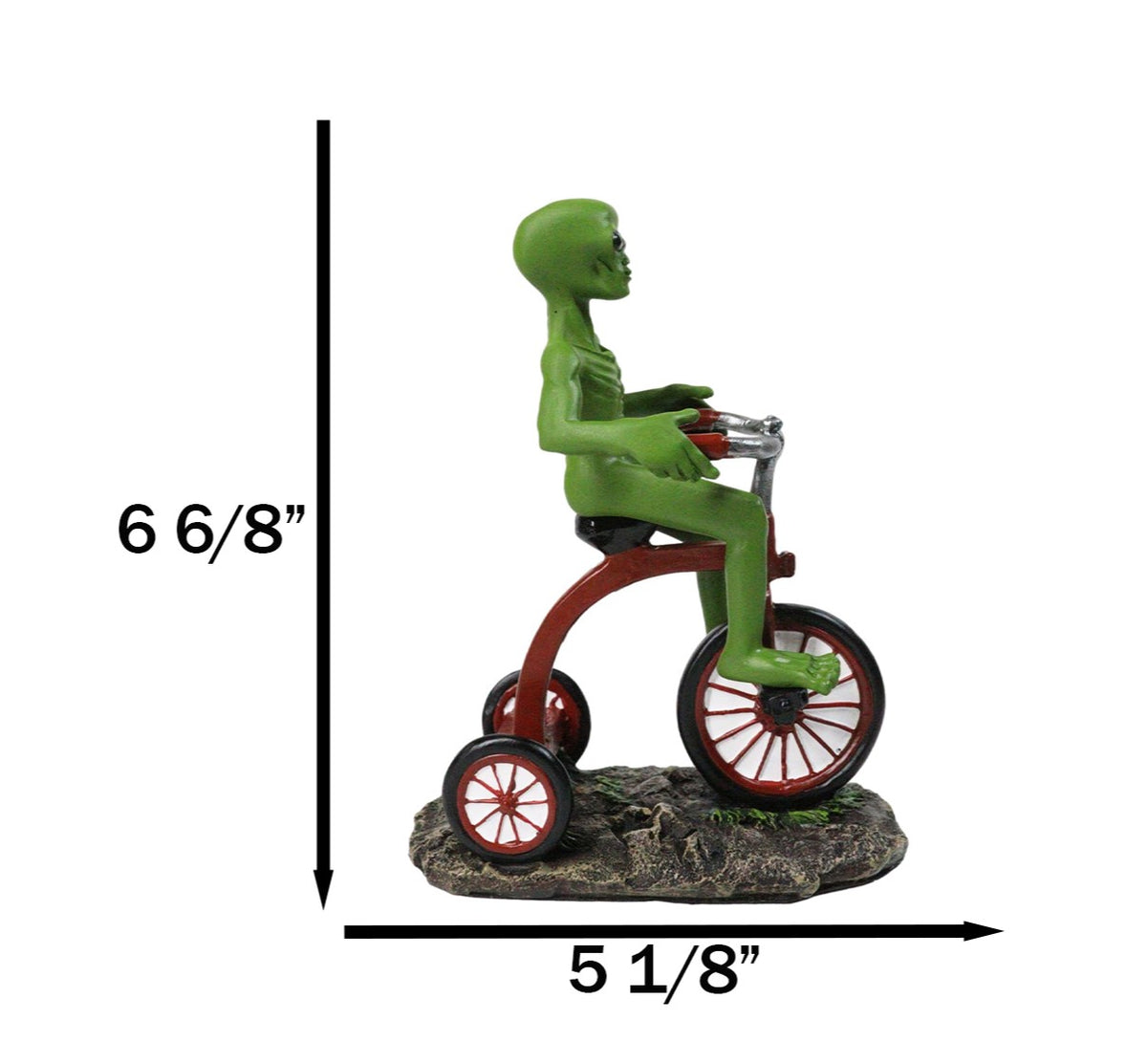 'Space Travel' UFO Green ET Roswell Alien Riding A Red Tricycle Figurine 6.75"H