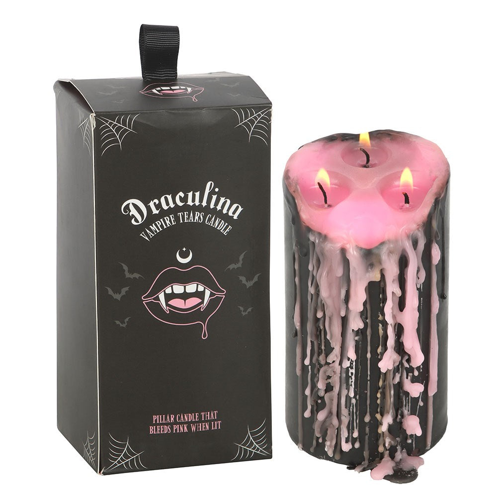 Large Gothic Draculina Pink Vampire Tears Black Unscented Pillar Candle 6"H