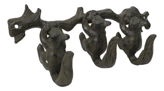 Rustic Country Cast Iron Squirrel On Tree Branch 4-Peg Wall Coat Hooks 13"L