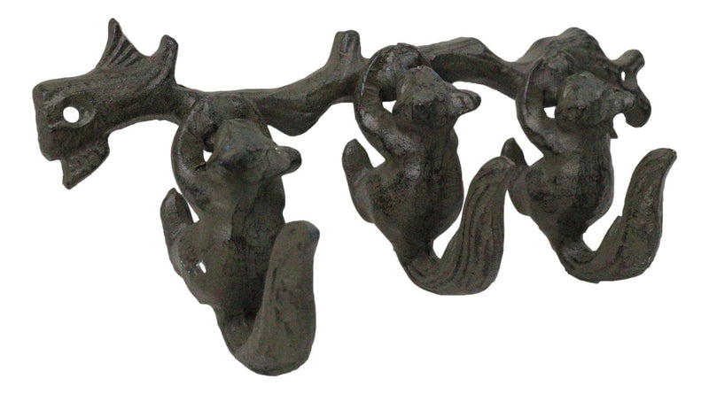 Rustic Country Cast Iron Squirrel On Tree Branch 4-Peg Wall Coat Hooks 13"L