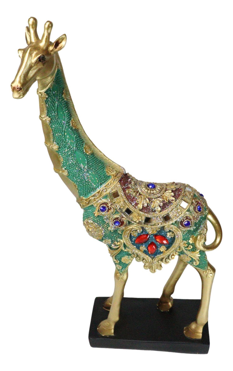 Large Safari Savannah Green Bejeweled Masai Giraffe With Black Base Figurine 16"