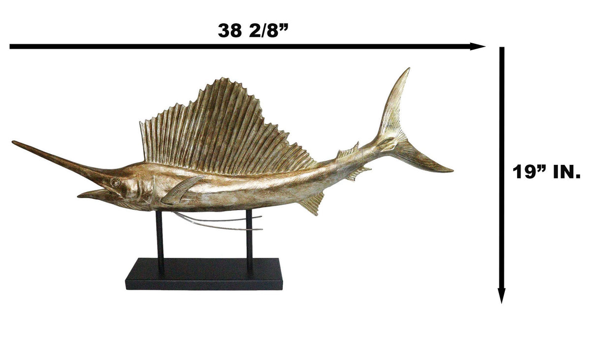 Large Marine Sea Life Sailfish Marlin Sculpture in Gold Leaf With Pole Stand 38"