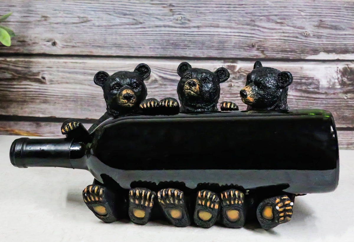 Rustic Western Forest Animal Whimsical 3 Black Bears Wine Bottle Holder Decor