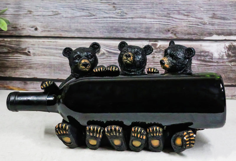 Rustic Western Forest Animal Whimsical 3 Black Bears Wine Bottle Holder Decor