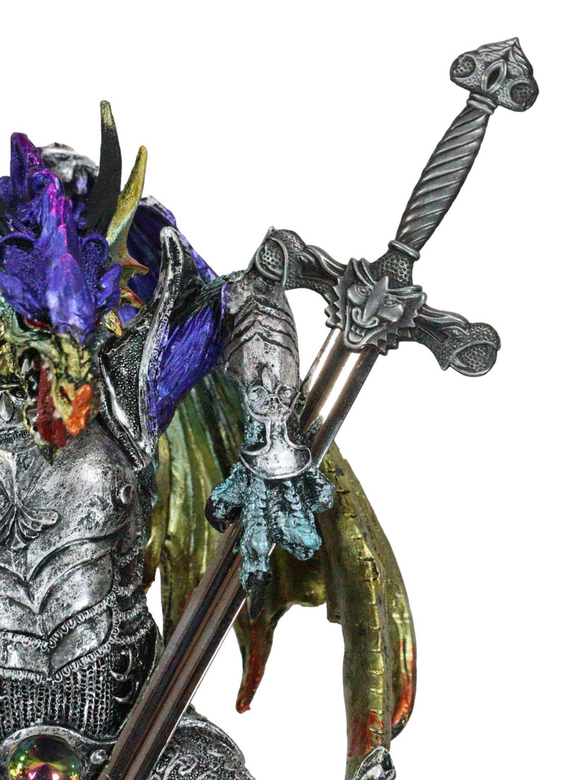 Large Hyperion Rainbow Armored Dragon With Excalibur Sword Letter Opener Decor