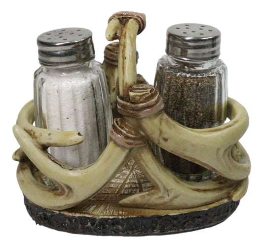 Western Entwined Stag Deer Antlers Glass Salt Pepper Shakers Holder Figurine Set