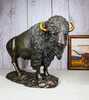 Large North American Open Grassland Plains Bison Buffalo On Rock Base Statue