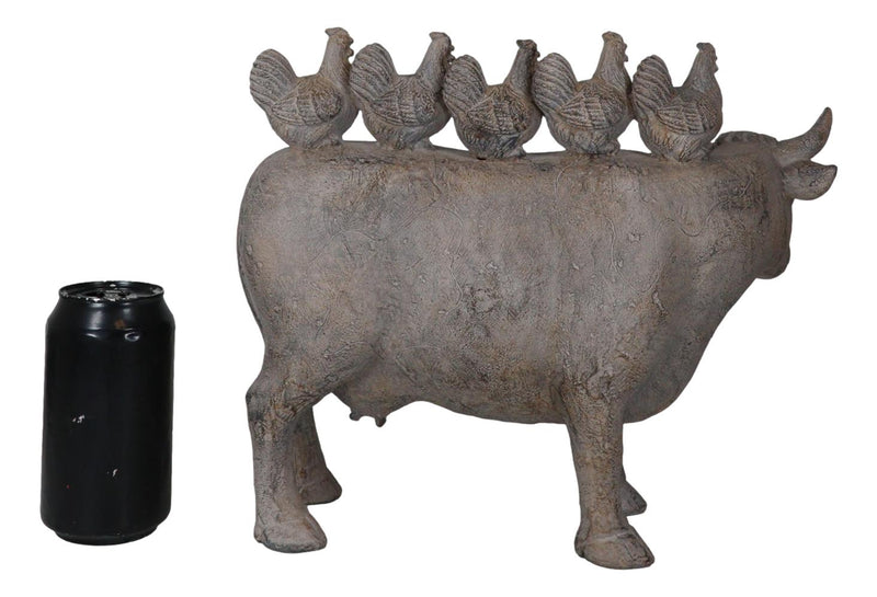 Rustic Vintage Farmhouse Chickens Hens Marching On Holstein Cow Back Figurine