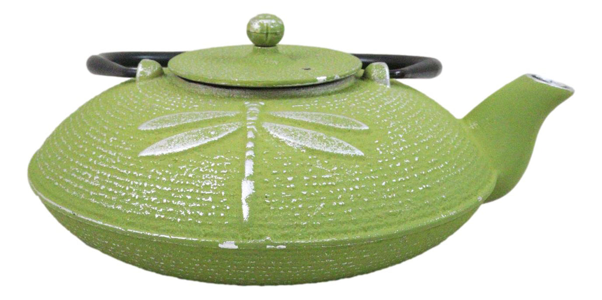 Green Dragonfly Traditional Cast Iron Tetsubin Teapot With Enamel Liner 37oz