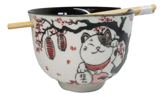 Lucky Cat Maneki Neko Sakura Festival Porcelain Ramen Bowl With Chopsticks Set