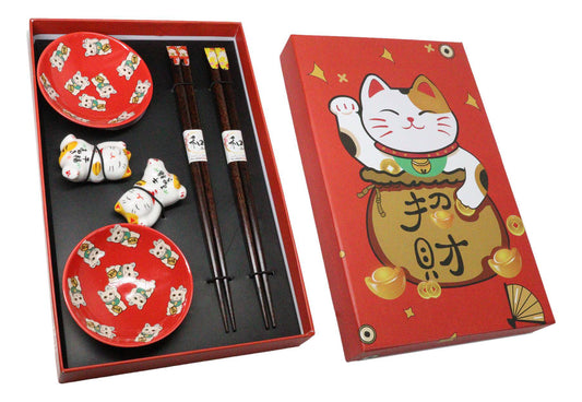 Maneki Neko Lucky Cats Red Sauce Dishes Chopsticks And Rests Sushi Set For 2