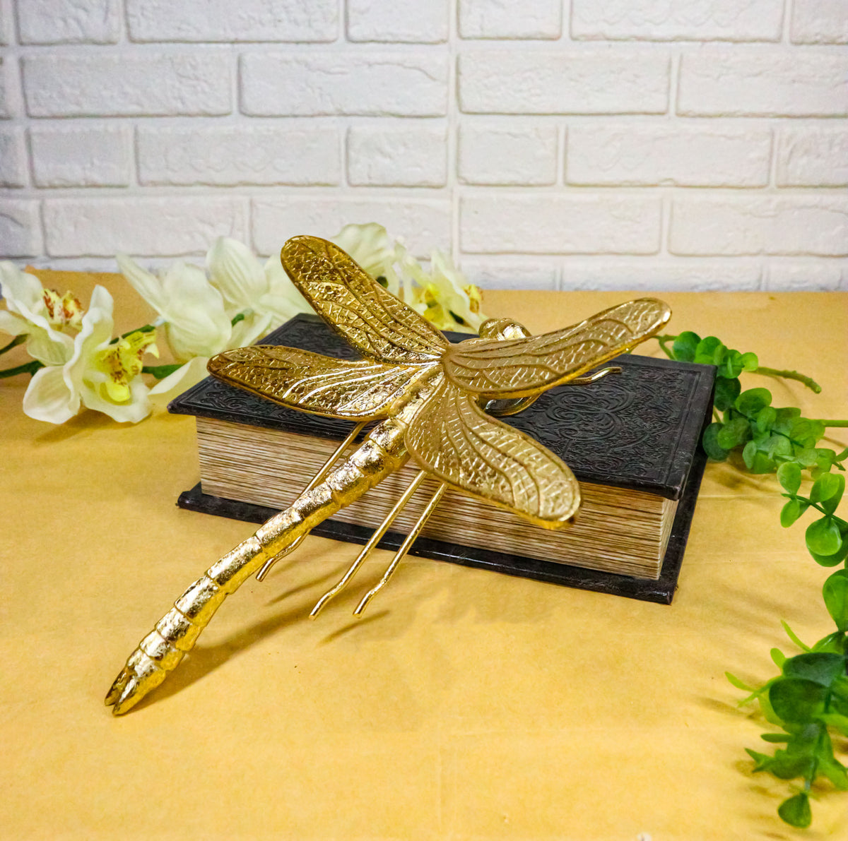 Medium Gold Leaf Resin Modern Dragonfly Wall Sculpture Or Tabletop Decoration 8"