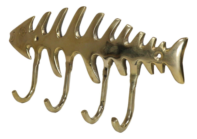 Brass Metal Golden Fishbone Fish Bone Marine Coastal 4 Peg Wall Hooks Plaque