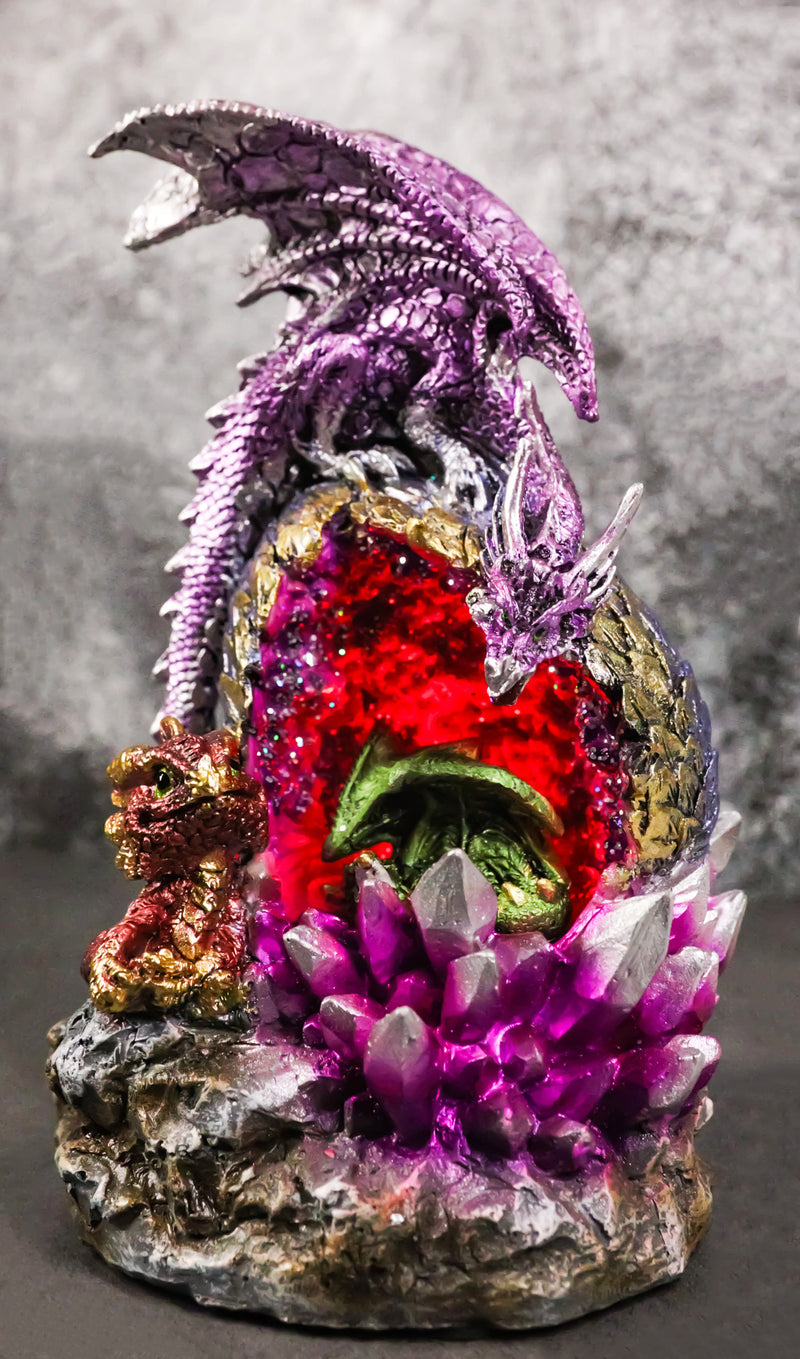 Purple Mother Dragon Guarding LED Faux Crystals Egg With Hatchlings Figurine