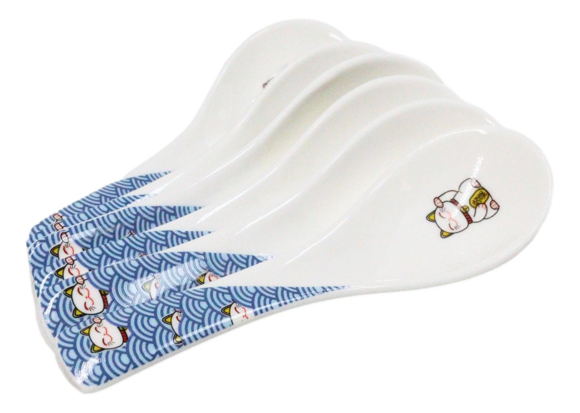 Set of 6 Lucky Cat Maneki Neko Porcelain Asian Soup Spoons Japanese Ramen Pho