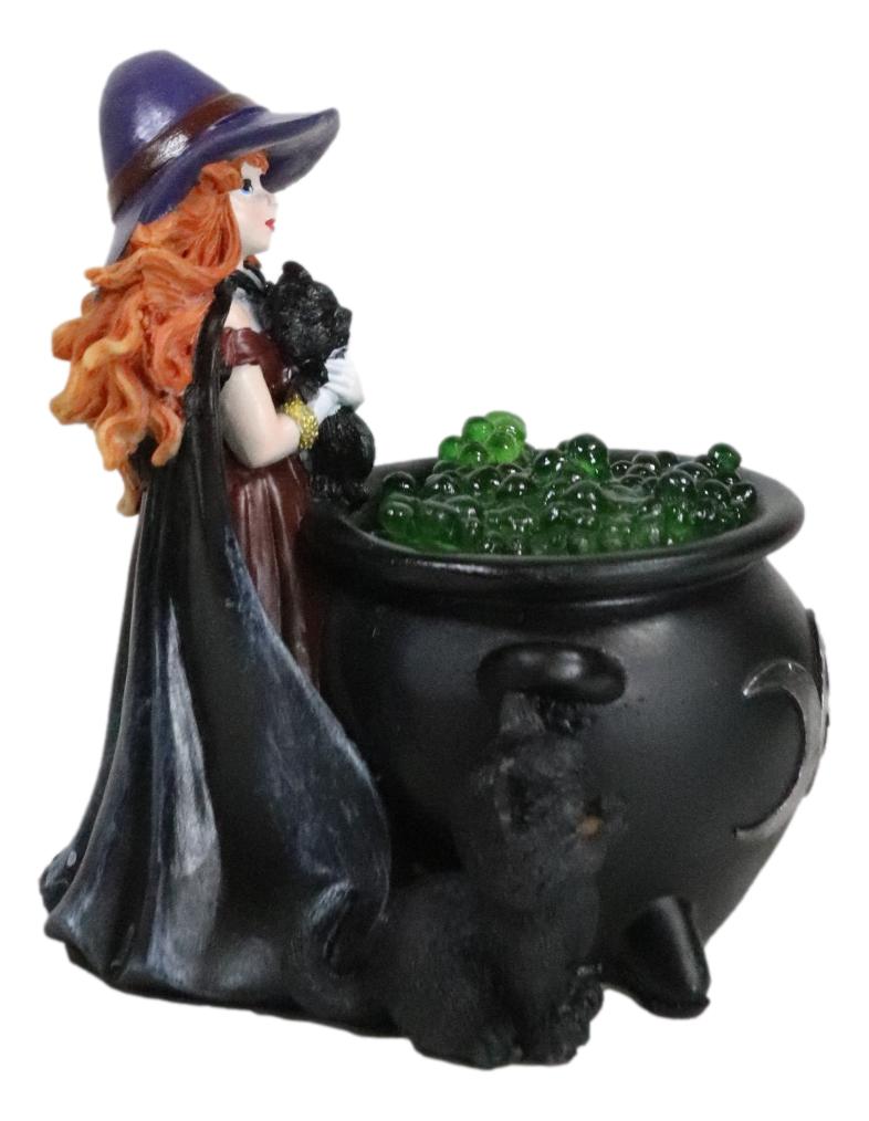 Wiccan Grand Witch Black Cat By LED Potion Bubbles Triple Moon Cauldron Figurine