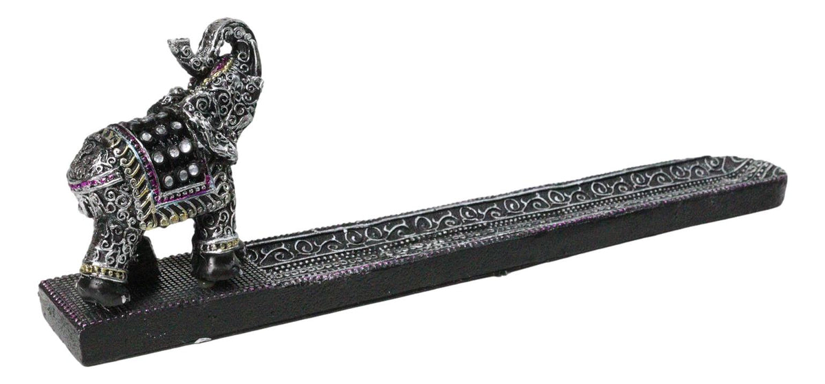 Feng Shui Buddhist Thai Tooled Elephant Trunk Up Incense Burner Holder 9.5 Inch