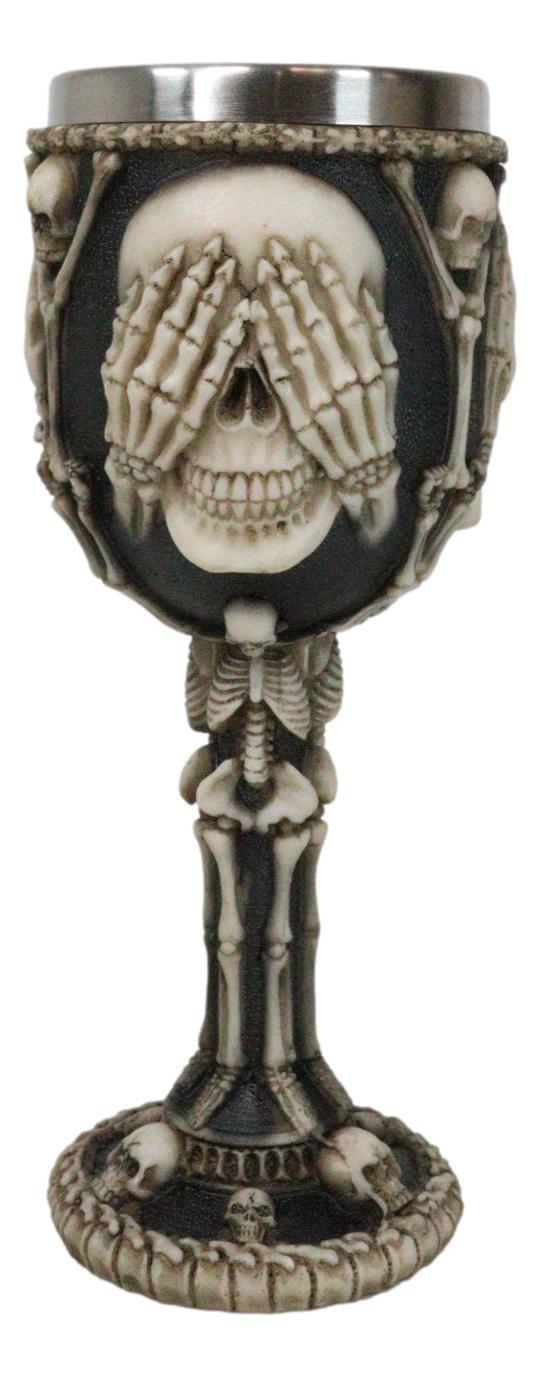 Wise Vintage See Hear Speak No Evil Skeleton Bone Skulls Wine Goblet Chalice - Ebros Gift