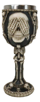 Wise Vintage See Hear Speak No Evil Skeleton Bone Skulls Wine Goblet Chalice